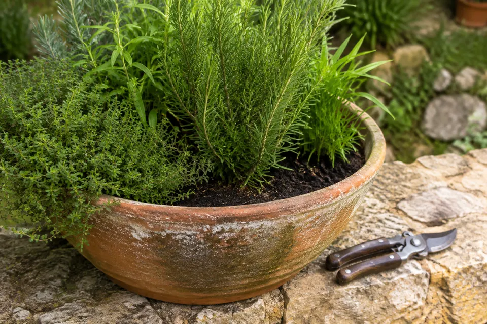 Poda de plantas aromáticas en una jardinera
