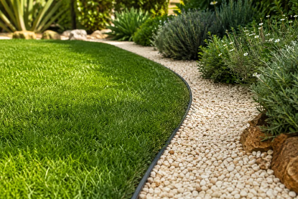 Césped y grava en un jardín renovado