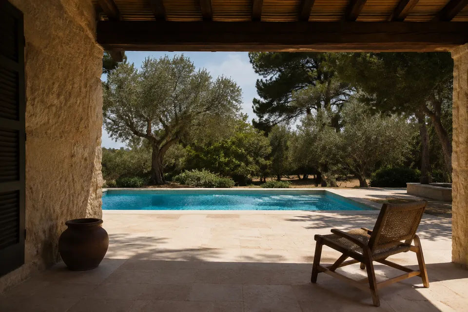 Piscina junto a una terraza de piedra y vegetación mediterránea